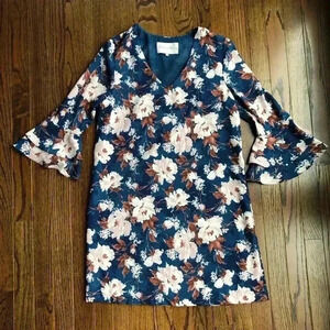 Charles Henry Women’s XS Blue Floral Bell-Sleeves V-Neck Mini Tunic Dress - VGUC